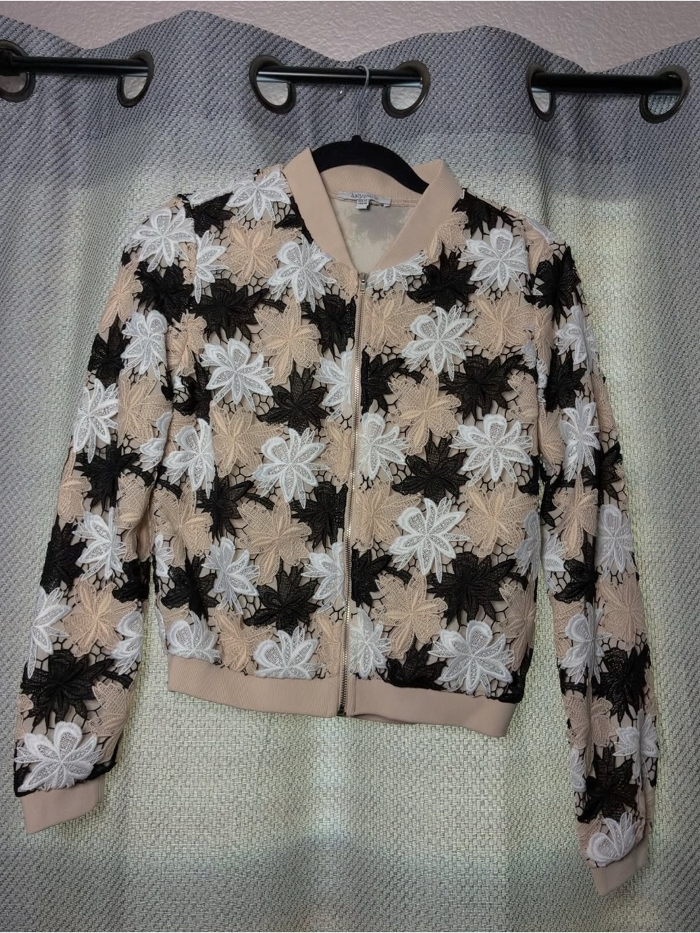 Lucy Paris Beige, Black & White Floral Lace Bomber Jacket